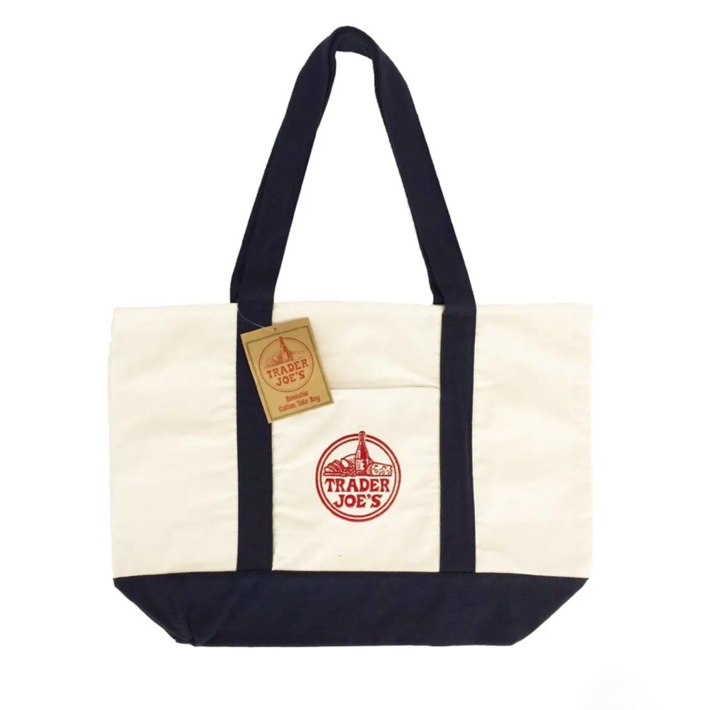 Trader Joe's Reusable Canvas Large Tote Bag Heavy Duty Embroidered 15”Lx14”Hx6”D